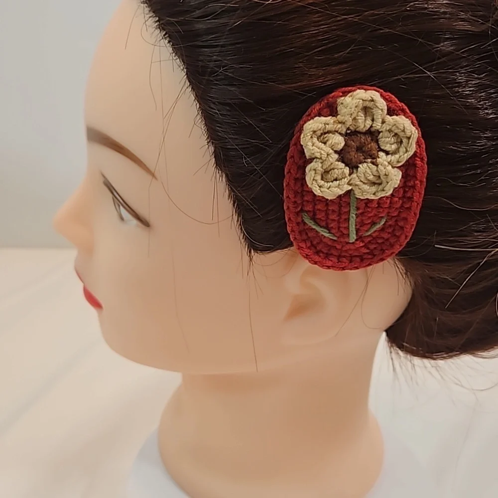 Hand Crafted Crochet Floral Hair Clip Vintage Botanical Coquette Accessory Red